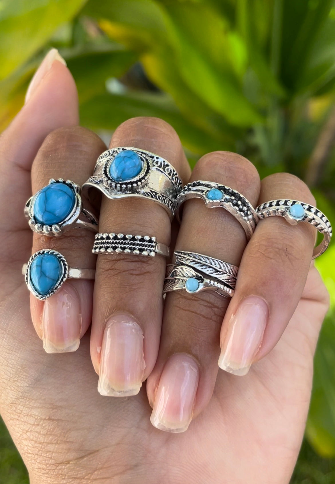 Silver-Turquoise Ring 7pcs Set