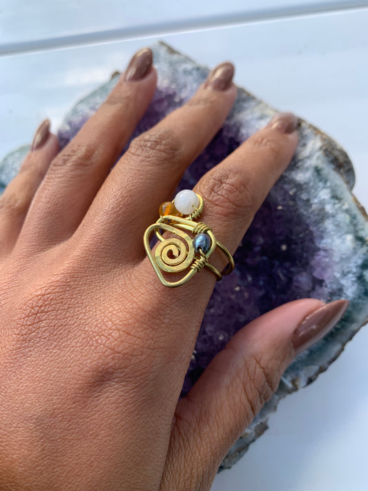 Triple Spiral Pearl + Crystal Ring