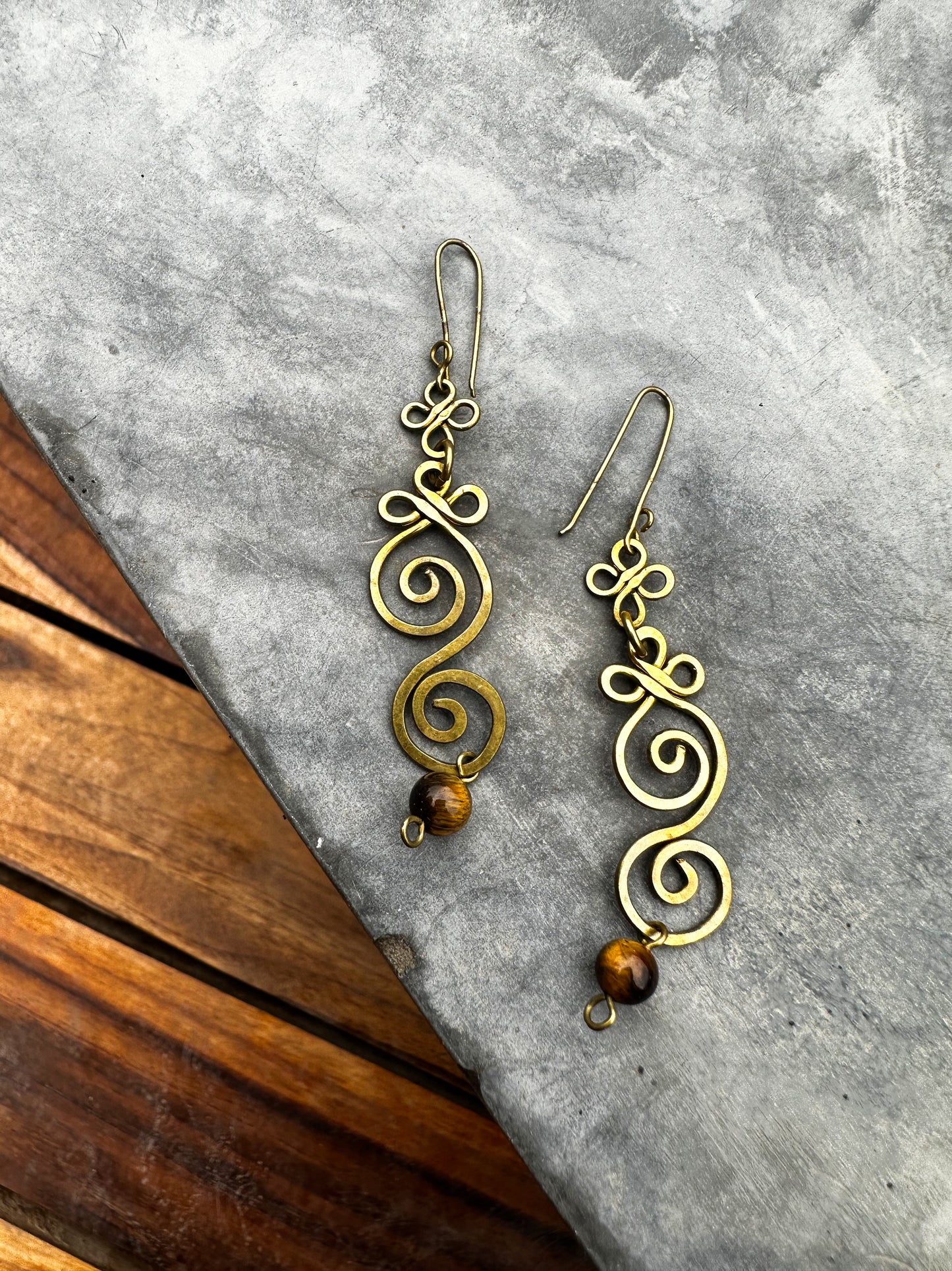 Abstract gold wire spiral earrings